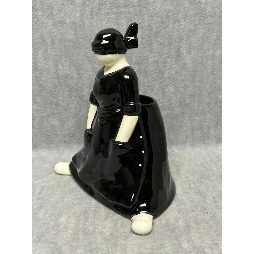 Vintage Dept 56 Peasant Girl Woman Ceramic Planter Black White Figurine